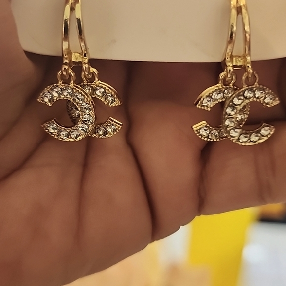 Jewelry - Gold Double C Earrings with Rinestone Accents